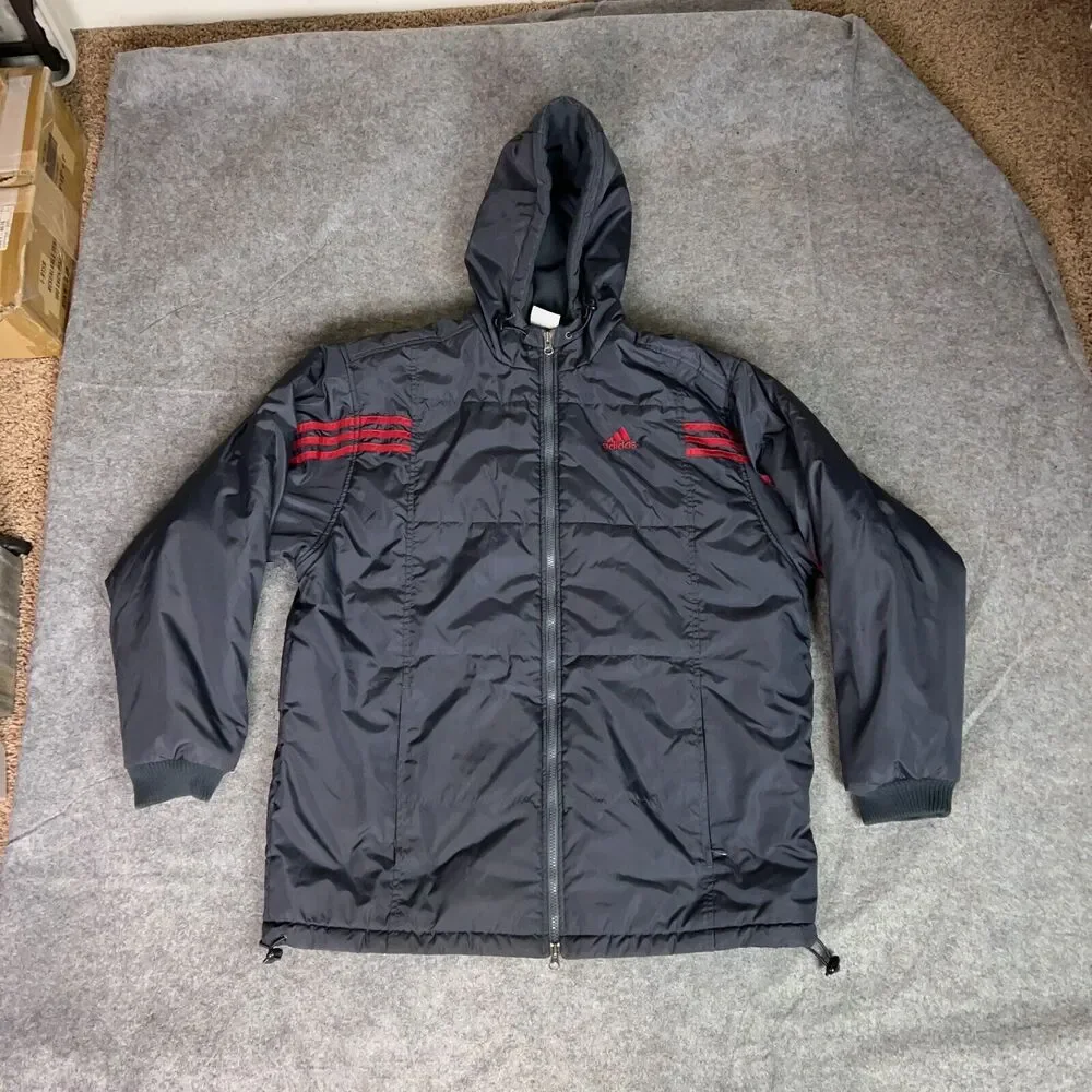 Vtg‎ Adidas Mens Jacket Medium Gray Red Puffer Warmup Sports Softshell Y2K Thick
